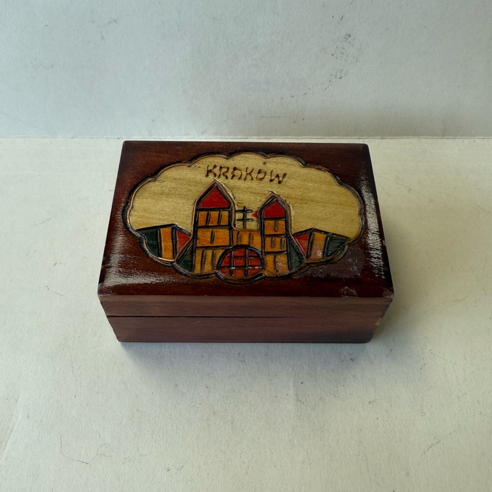 Stained Wood Burned Pyrography Hinged Trinket Jewelry Keepsake Box Krakow Poland